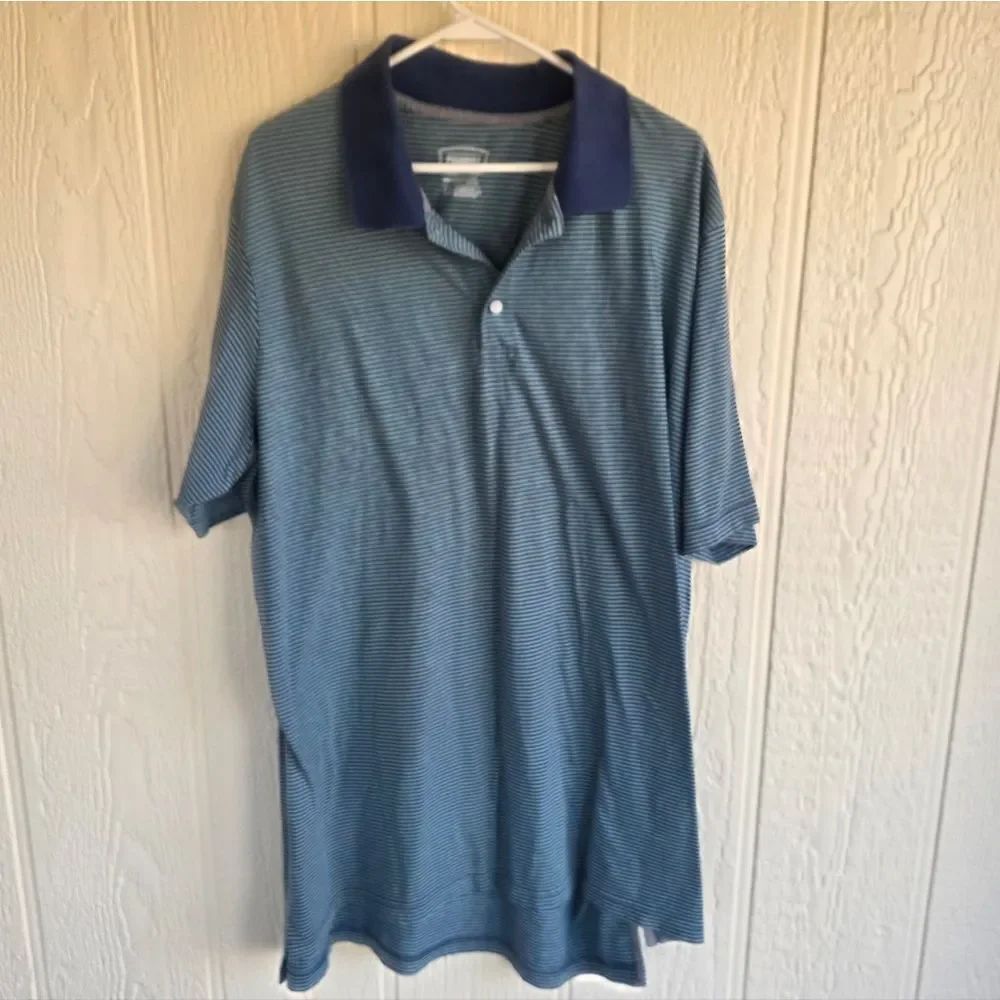 Men's The Foundry Supply Co. Blue Striped Polo with Navy Collar, Size 2XLT
